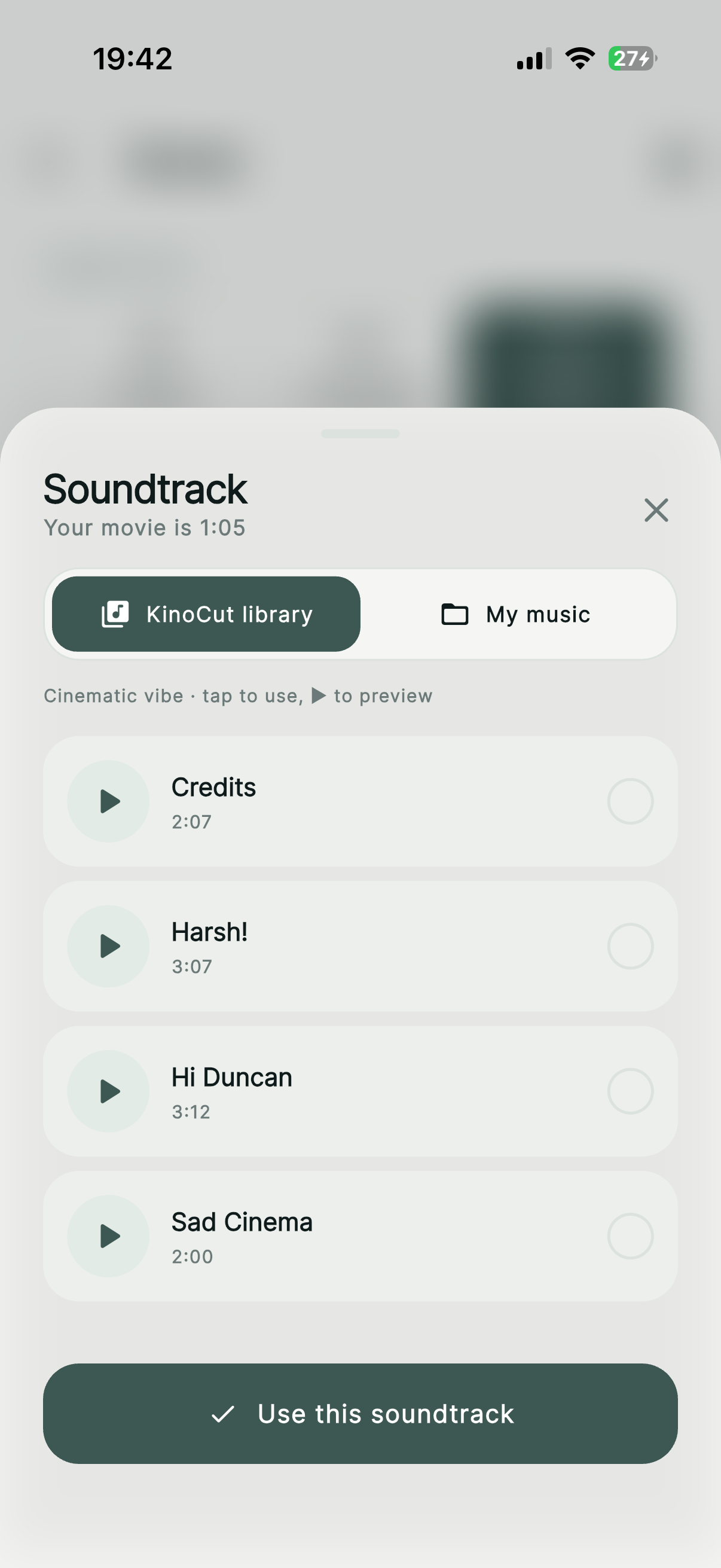 KinoCut soundtrack picker with a KinoCut library tab and track choices.